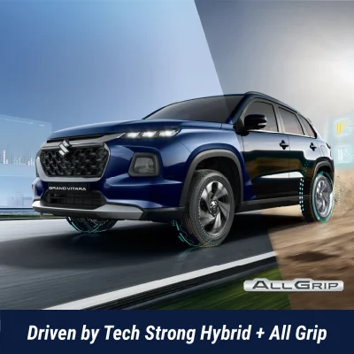 Maruti Grand Vitara Strong Hybrid with AllGrip All-Wheel Drive system, the only hybrid SUV with AWD for all-terrain capability. Grand Vitara Alpha Plus price and feature details.