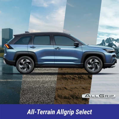 Victoris All-Terrain Allgrip Select SUV displaying its versatility across snow, asphalt, and mud. This Maruti Suzuki Strong Hybrid features AWD capability for superior handling and safety in diverse driving conditions.