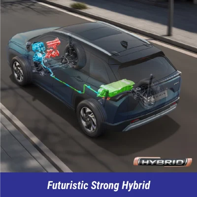 Futuristic Victoris Strong Hybrid cutaway view showcasing the Intelligent Electric Hybrid system, engine, and battery for Maruti Suzuki cars. Highlights advanced hybrid technology for best mileage in Thane.