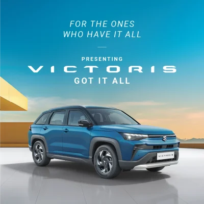 Introducing the Victoris Strong Hybrid in Eternal Blue, a premium Maruti Suzuki SUV designed for those who desire luxury and fuel efficiency. Available for booking in Mumbai, Thane, and Palghar with attractive EMI options.